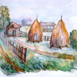 painting landscape, village, nature, houses, countryside, illustration, poster