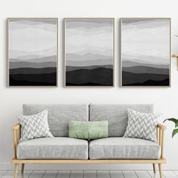 Gray Mountain Art Natural Painting Set Of 3 Prints Modern Triptych Black Wall Art Mountains Abstract Downloadable Art