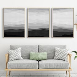 gray mountain art natural painting set of 3 prints modern triptych black wall art mountains abstract downloadable art