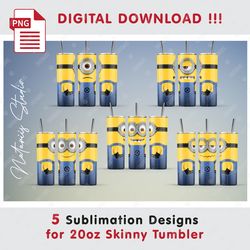 5 Inspired Minions Templates - Seamless Sublimation Patterns - 20oz SKINNY TUMBLER - Full Tumbler Wrap