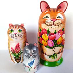 Matryoshka Cat Painting Tulips Floral Wood Nesting Dolls Animal Painting Cat Original Art Pet Portrait