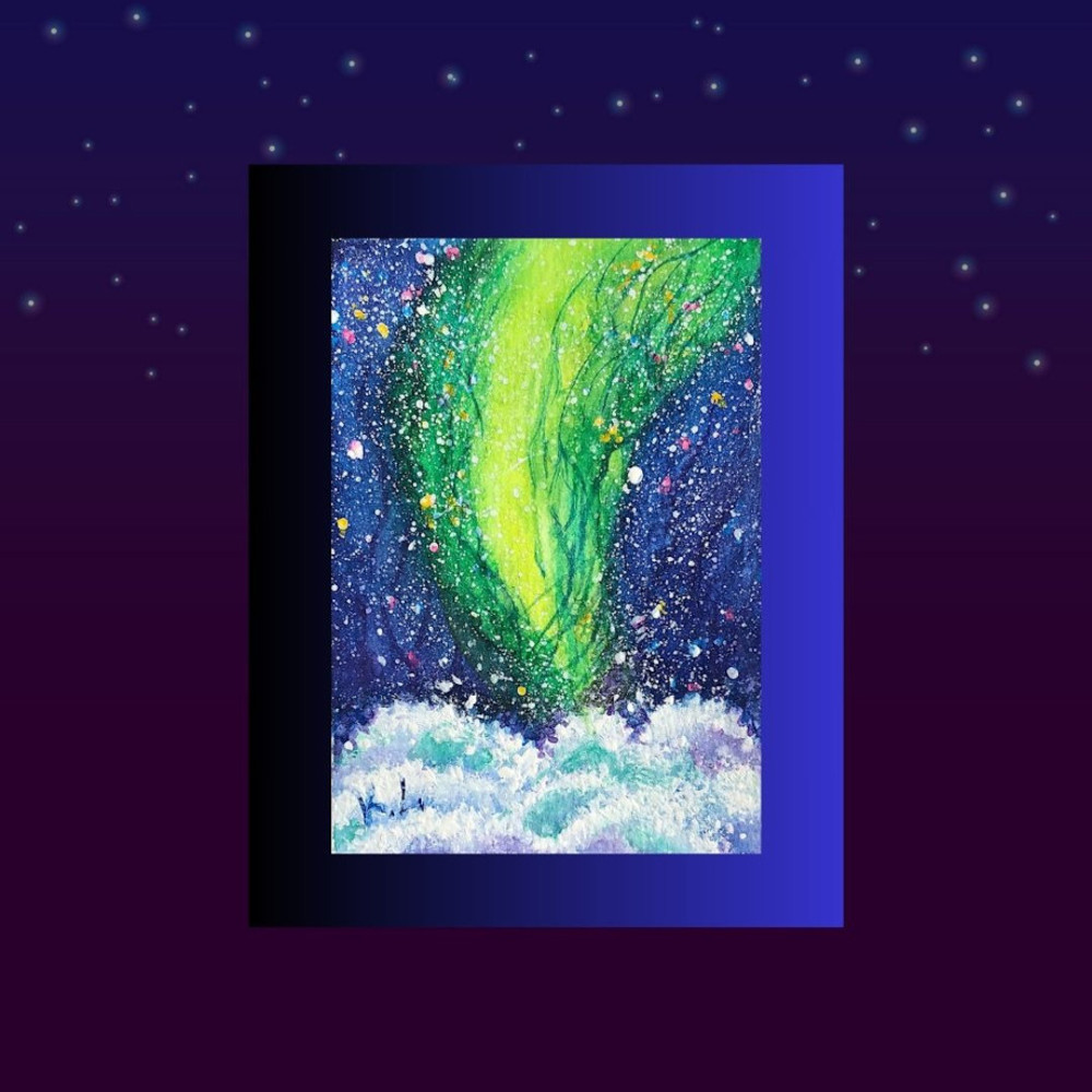 Aurorra Borealis Watercolor Painting ACEO  Dark Sky Frame .jpg
