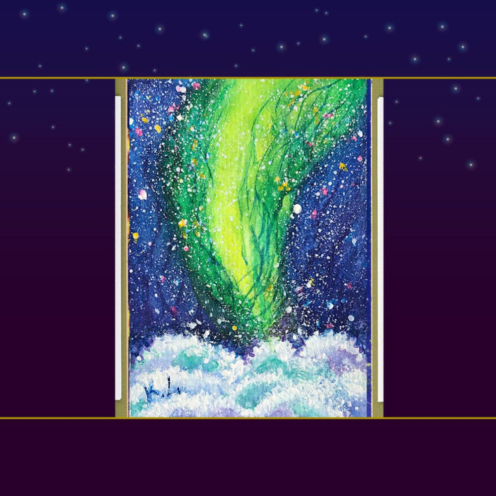 Aurorra Borealis Watercolor Painting ACEO  Starry Night Sky Frame.jpg