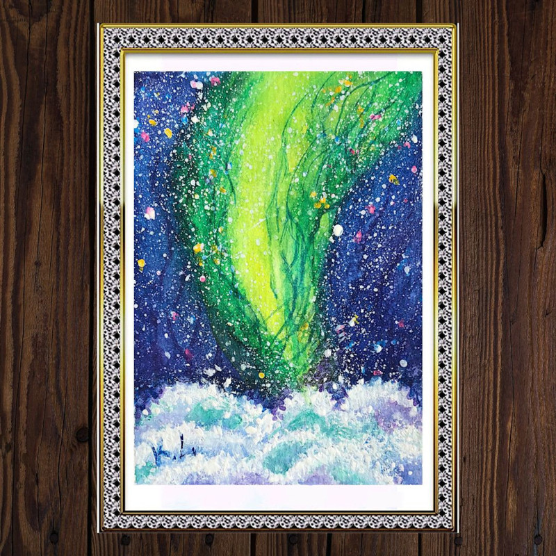 Aurorra Borealis Watercolor Painting ACEO Wooden Frame.jpg