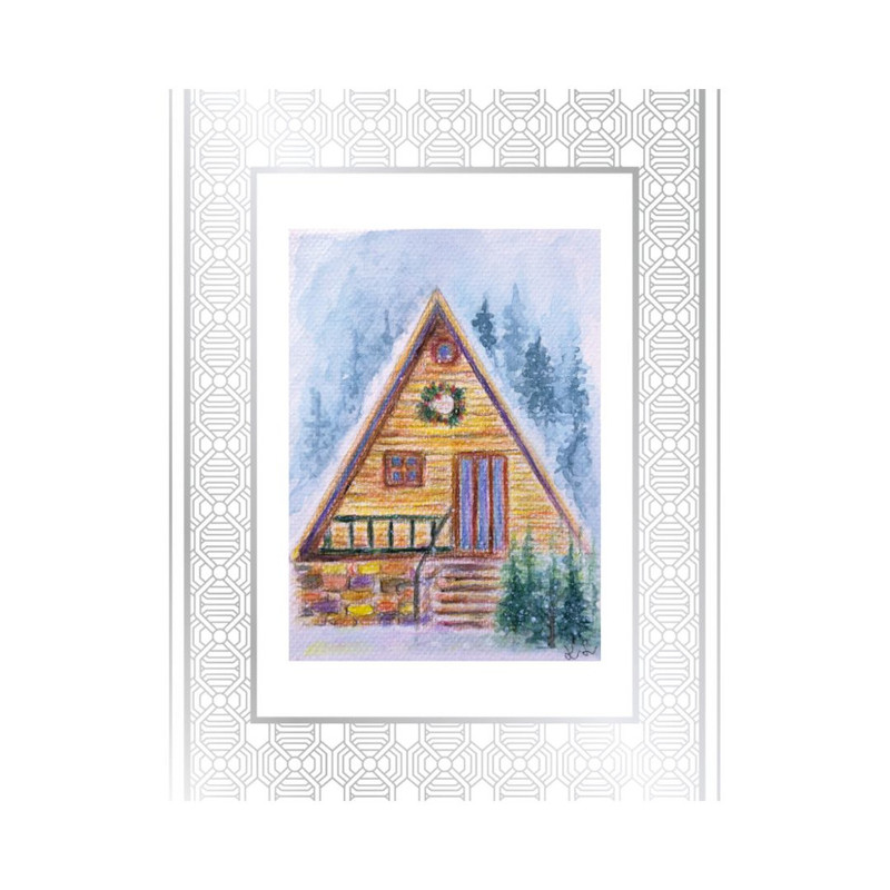 Log Cabin in the Woods Drawing Watercolor in Silver Frame.jpg