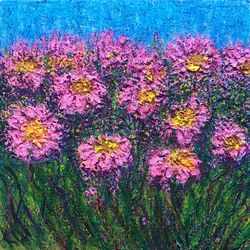 flower field acrylic impasto painting, rosy impressionist flowers, original handmade floral art, wall decor