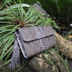Genuine python skin classy gray flat clutch with shoulder chain | elegant evening women purse | designer leather bags |