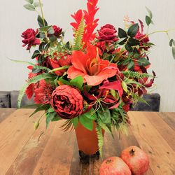 large silk flower arrangement, red silk floral centerpiece in vase, red flowers table decor, faux flowers centerpiece