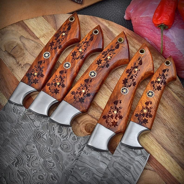 Hand Forged Damascus,Chef's Knife Set of 5 BBQ Knife,Kitchen Knife,Gift for Her,Valentines Gift,Camping Knife for Him