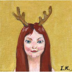 Deer girl. Original acrylic painting 6x6''