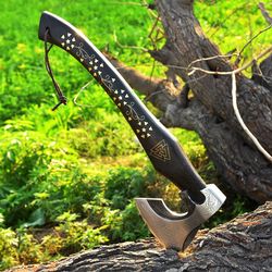 Custom Gift Forged Carbon Steel Viking Axe Hatchet Rose Wood Shaft, Bearded Camping Axe, Best Birthday & Anniversary Gif