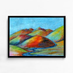 Bright hills Mountain landscape Oil pastel Digital file for printing Poster A2