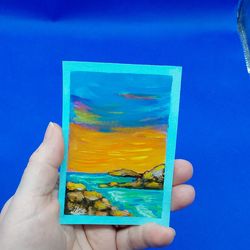 Coast. Stones. Original Acrylic Painting Summer Landscape Hand Painted ACEO 5 by 4