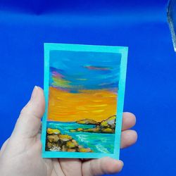 coast. stones. original acrylic painting summer landscape hand painted aceo 5 by 4