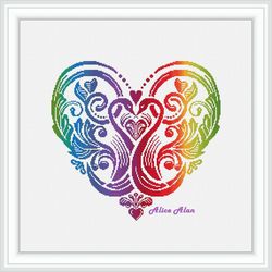 Cross stitch pattern Heart Swans rainbow ornament birds silhouette lovers wedding family counted crossstitch patterns