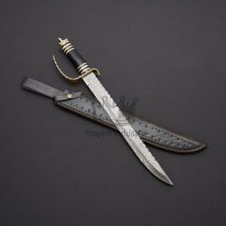 25 Inches Handmade Damascus Steel Single Edge Short Viking Sword, Micarta Handle, Battle Ready With Leather Sheath
