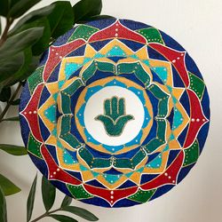 colorful mandala hamsa symbol | sacred geometry art | hand of fatima decor