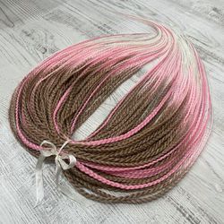 55 double ended synthetic dreads, ombre brown pink white, full set DE braids