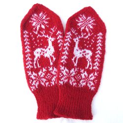 Women's mittens of merino wool hand knitted Scandinavian mittens with deer Christmas gift for Her