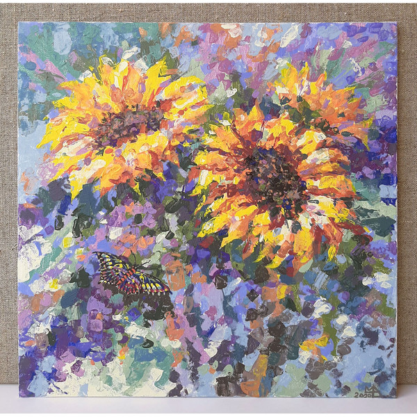 Sunflowers and Butterfly on lilac. Original painting size 12 by 12 inches.
