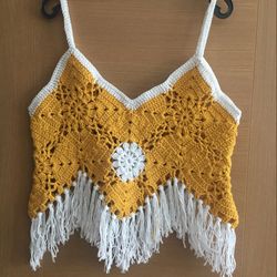 crochet daisy top, gypsy hippie crochet top, hippie festival fringe crochet top, crochet granny square top,