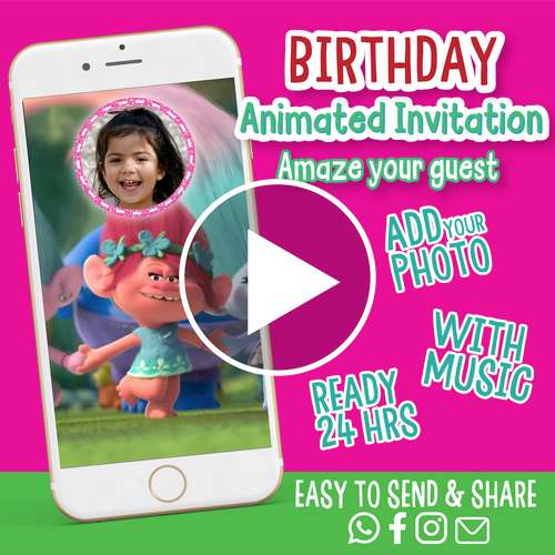 Trolls party invitation, Video invitation, Animated invitations, Party invitations, Birthday invitation, Trolls party