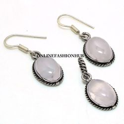 Rose Quartz Gemstone Silver Plated Design Earring & Pendant Set, Brass Plated Set, Ethnic Jewelry For Anti Anxiety