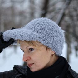 Wool baseball cap, Women's winter cap, Fur baseball cap, Spring hand knit hat