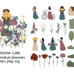 wildflower woman illustration clipart, vector cottagecore landscape clip art, png ai svg girl images in flat style