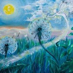 summer night painting original art starry sky art wall art 11 by 15 inches riche art ready to ship.