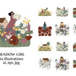 wildflower background clipart, woman illustration card, cottagecore country landscape print clip art, vector girl images
