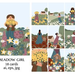 wildflower woman illustration card clipart, cottagecore country landscape print clip art, vector girl images in flat