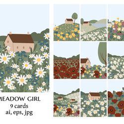 wildflower background clipart, cottagecore country landscape illustration, printable card clip art, vector images