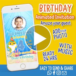 Baby Shark party invitation, Video invitation, Animated invitations, Party invitations, Birthday invitation, Baby Shark