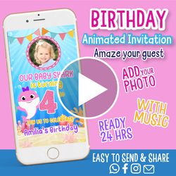 Baby Shark party invitation For Girl, Video invitation, Animated invitations, Girl Birthday Invitation, Baby Shark party