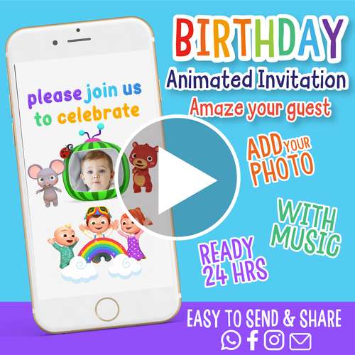 Cocomelon party invitation, Video invitation, Animated invitations, Cocomelon Party invitations, Birthday invitation