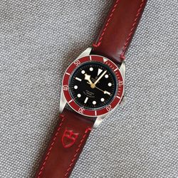 Mahogany color watch strap for Tudor, genuine leather watchband, red shield
