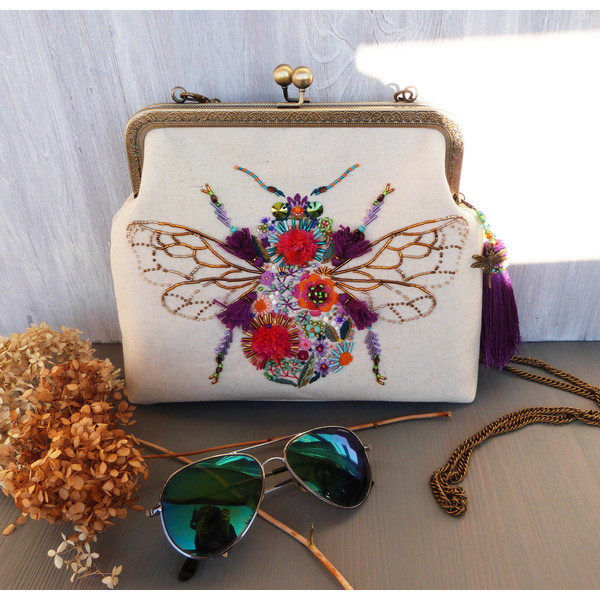 Bumble bee beaded bag in boho style with fluffy embroidery - Inspire Uplift