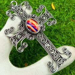 Rainbow Calsilica Gemstone Cross Vintage Pendant, Cross Jewelry For Positivity, Dainty Protective Cross Jewelry