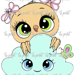 cute owl with a cloud png digital download sublimation design. digital clip art. cute characters, hand drawn graphics.