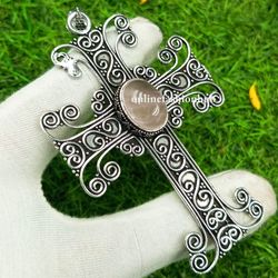 Rose Quartz Gemstone Cross Vintage Pendant, Cross Jewelry For Good Energy, Dainty Protective Cross Jewelry For Friends