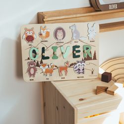 Name Puzzle for Toddler, Woodland Animals Theme, Nursery Montessori Toys, Toddler Gifts,  Personalized Wood Puzzle