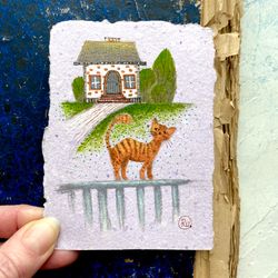 Striped cat painting Mini Original art Small artwork on handmade recycled paper by Rubinova