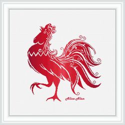Cross stitch pattern bird Rooster silhouette curls monochrome red kitchen chicken counted crossstitch patterns PDF