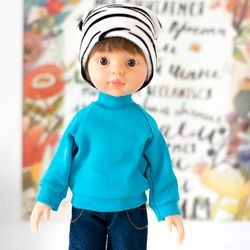 Sweatshirt for boy doll Paola Reina Las Amigas, Siblies Ruby Red, Little Darling, 13 inch doll clothes, blue doll outfit