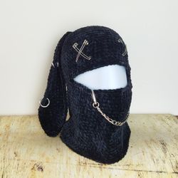 Bunny hat goth Black bunny balaclava crochet Balaclava with bunny ears Creepy bunny balaclava face mask