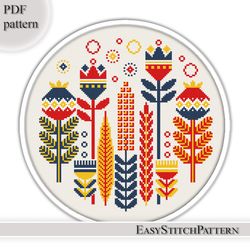 flowers cross stitch pattern. scandinavian cross stitch pattern. folk, ethnic hoop art, pdf