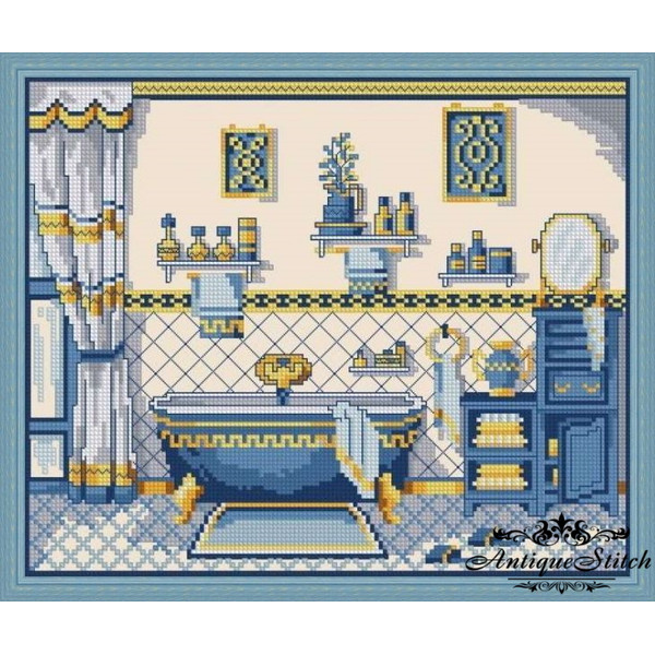 Antuque Blue Bathroom cross stitch pattern