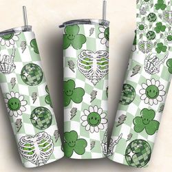 lucky vibes, retro groovy lucky smile and skeleton heart 20oz skinny tumbler wrap design, st patricks day, skull