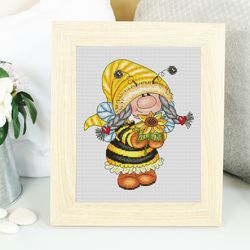 Bee gnome girl cross stitch pattern PDF, gnome cross stitch, bee cross stitch, funny gnome, summer cross stitch
